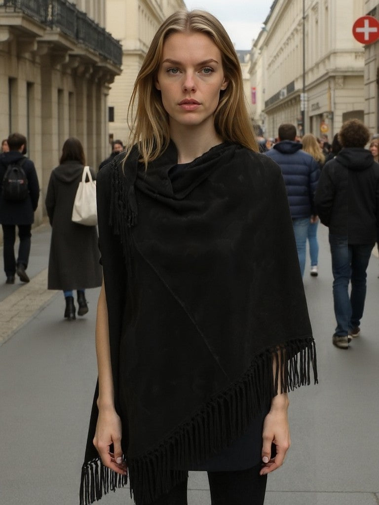 Scialle in vera pelle scamosciata color Nero d'ebano