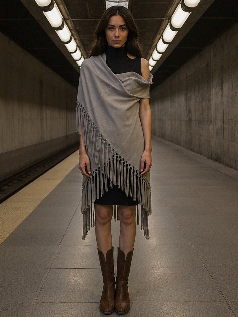 Scialle in vera pelle scamosciata color Grigio Nebuloso di Morgana